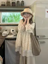 春用 花柄レースパッチワーク長袖シャツ【重ね着対応・竹節綿使用】