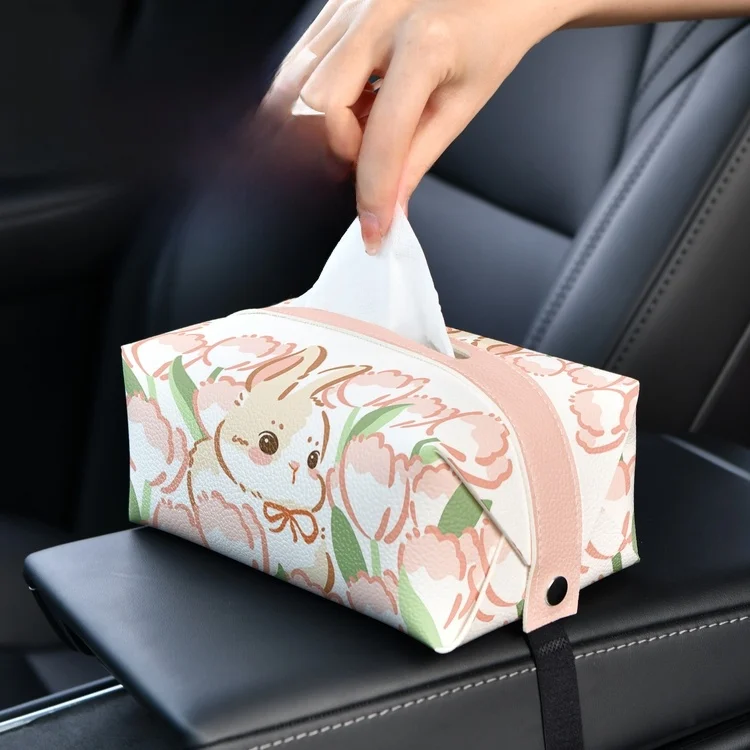 可愛いウサギデザインのレザー製ティッシュボックス：北欧風台面式でオフィスとリビングに最適