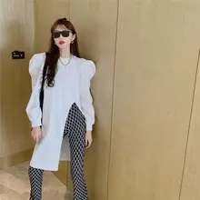 トレンドデザインの開襟Tシャツ【パフスリーブ・ミディアム丈】（セットアップ対応）