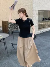 甘美な黒のTシャツとスカート【夏用・優雅なスタイル・体型カバー】（セットアップ対応）