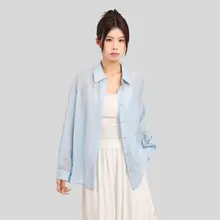夏用 薄手の冷感シャツ【ブルー・防晒・シフォン素材・フランス風】