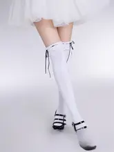 白色ロリータ風レース付きオーバーニソックス【JKスタイル・バタフライデザイン・膝上・大腿用】