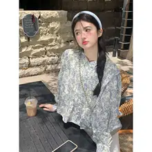 シンプルでおしゃれな花柄秋用立襟シャツ【小柄対応・韓国風デザイン】