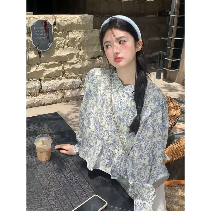 シンプルでおしゃれな花柄秋用立襟シャツ【小柄対応・韓国風デザイン】