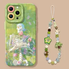 iPhone用シリコンケース【春花デザイン・ストラップ付き・グリーン・適応モデル】