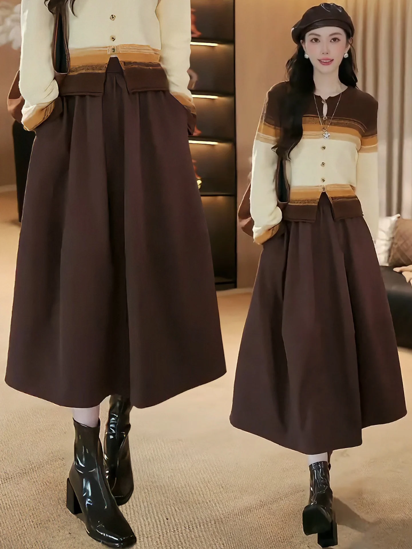 トレンドの花苞デザイン半身スカート【Aライン・深コーヒー色・中丈】（セットアップ対応）