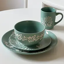 モランディカラーの植物花柄 陶器食器セット【高級感ある家庭用・新中式デザイン】（セットアップ対応）