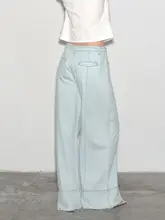 春のデザインラインデニムパンツ【浅青色・ロースリム・ワイドレッグ】