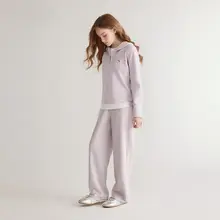 女の子用フード付きトップスとワイドパンツ【秋冬用・可愛いデザイン・カジュアル】（セットアップ対応）