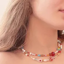 カラフルドットデザインのきのこ型ガラスネックレス【パールビーズ・個性的な鎖骨チェーン】