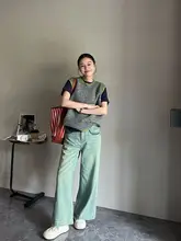 MAY MUZIYA ハイウエストワイドレッグデニムパンツ【ミントブルー・レディース・9分丈・ゆったり】