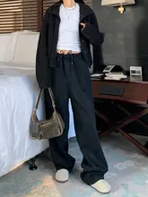 個性的なドローストリング付きデニムパンツ【ゆったりとしたブラックワイドレッグ・カジュアルロングパンツ】