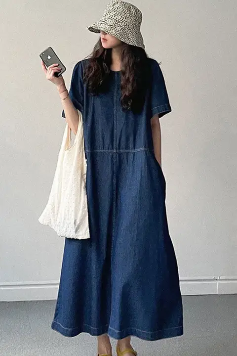 ワンピース【レディース・デニムワンピース・ロング丈・体型カバー・半袖・シンプル】