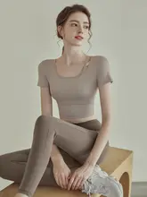 女性用ヨガウェア【夏用・トレーニング対応・ショートスリーブ・高級感あるデザイン】（セットアップ対応）