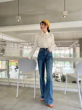 レトロデザインのハイウエストデニムパンツ【環境に優しいウォッシュ・ワイドレッグ・フレア】
