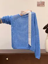ブルーのラウンドネック長袖透かし編みニットトップス【ゆったりとしたデザイン・春向け・女性用】