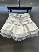 レース花縁付きハイウエストデニムスカート【スタイリッシュ・フレアデザイン・春夏用】（セットアップ対応）