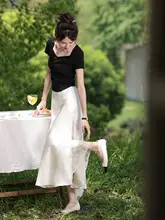 月光染のアプリコットカラーサテン半身スカート【フランス風・レース切り替え・夏用・スリット】