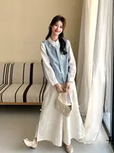ブルー国風少女感コーディネート【春用・刺繍ベスト・シャツ・ワイドパンツ・三点組（セットアップ対応）】