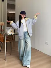 浅いブルーの弯刀デザインデニムパンツ【アメリカンスタイル・フィット・ワイドレッグ】（セットアップ対応）