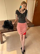 ミニスカート レディース 水玉柄 総柄 オレンジ ヴィンテージ 2WAY 夏「NECY」