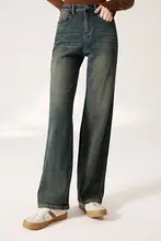 高ウエストのストレートデニムパンツ【暖かい裏起毛・スリムフィット・ハイウエスト】