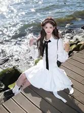 長袖シャツワンピース【フレンチ学院風・ウエスト絞り・白色】（セットアップ対応）
