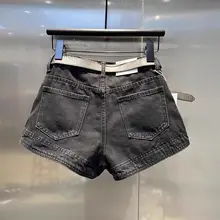 夏用ブラックデニムショートパンツ【ハイウエスト・Aライン・ワイドレッグ・女性用】（セットアップ対応）