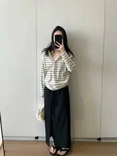春用 フード付きストライプセーター【落肩・長袖・ゆったりシルエット】