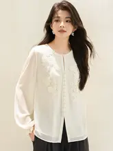 重工刺繍の長袖シフォンブラウス【フレンチスタイル・ラウンドネック】