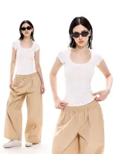 ウエストを絞ったUネック短袖Tシャツ【レディース・夏用・無地・インナー用】