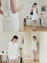 HeyDress リネンセットアップ【春夏用・高級感あるジャケット・Vネックベスト・ハイウエストショートパンツ】