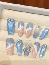 ブルー・クジラ柄ビーチデザインネイルチップ【ハンドメイド・ストーン付き・シンプルで清潔感】
