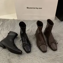 粗いヒールのスクエアトゥ黒マーチンブーツ【秋冬用・加绒・ショートブーツ・女性用】