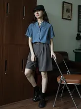 高品質なブルー刺繍のデザインショート袖デニムシャツ【レディース・夏用・シンプル・ヴィンテージ風】