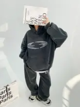 冬用 アメリカンスタイル ヴィンテージ風 プリント フリースパーカーとパンツ【裏起毛・ルーズフィット・フード付き】（セットアップ対応）