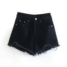 高腰デニムショートパンツ【ブラック・フリンジ裾・夏用・女性用】（セットアップ対応）