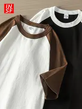 アメリカンレトロ風 ラグラン袖 コットン短袖Tシャツ【夏用・ゆったり・カラーブロックデザイン・通気性】