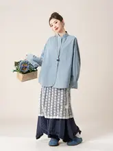 春のおしゃれにぴったり！ブルーの立て襟ワイド袖シャツ【女性用・フィット】