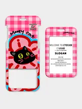 カートゥーンデザインのカードホルダー【黒猫・運転免許証保護用・無穴あけ・ネックストラップ付き】