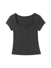 黒灰ストライプ デザイン性のある方形ネックの女性用短袖Tシャツ【シンプル・フィット感】