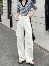 白色ハイウエスト工事用デニムパンツ【スリムフィット・ストレート・ゆったり】