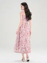リゾートスタイルの褶みデザイン夏用ロングドレス【ピンク・花柄・キャミソール・ウエストマーク】