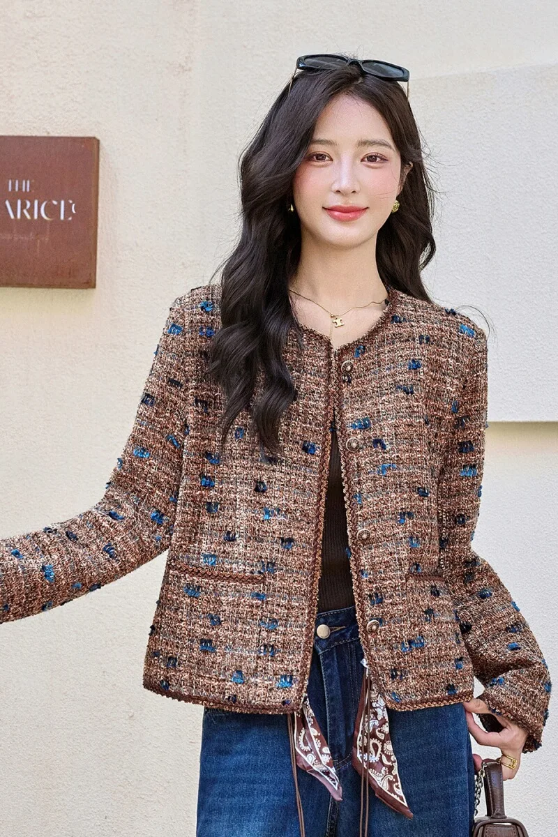 粗花ねデザインの高級感ある丸首ジャケット【春秋用・女性用】（セットアップ対応）