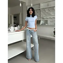 ブルーのハイネック半袖Tシャツ【女性用・スリムフィット・ショート丈】