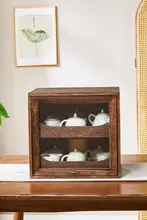 天然木製 茶具収納キャビネット【防塵・ディスプレイ用・抽斗付き】