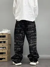 個性的なアルファベットプリントのストリートヒップホップデニムパンツ【フィット・ワイドレッグ】