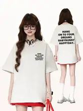 小さなウサギのプリント付きアメリカンスタイルTシャツ【半袖・ルーズフィット・女性用】