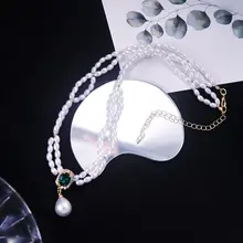 二重パールネックレス【グリーンダイヤモンドの雫ペンダント・鎖骨チェーン・エレガントなデザイン】