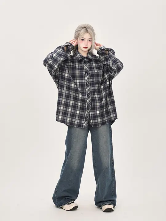学院風アメリカンレトロオーバーサイズチェックシャツ【春秋用・ゆったりしたデザイン】（セットアップ対応）